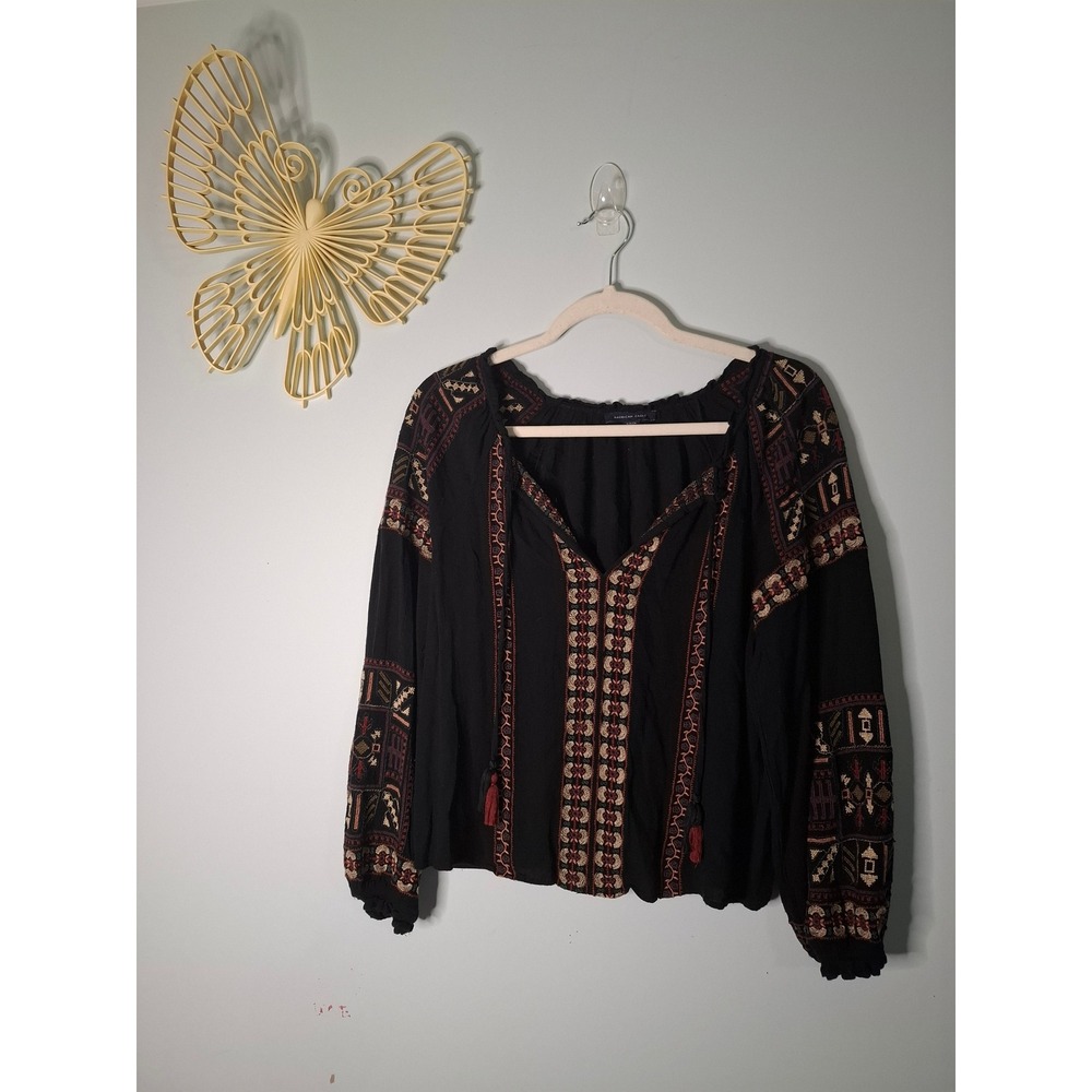American Eagle Black Embroidered Peasant Blouse Tassel Boho Top Small